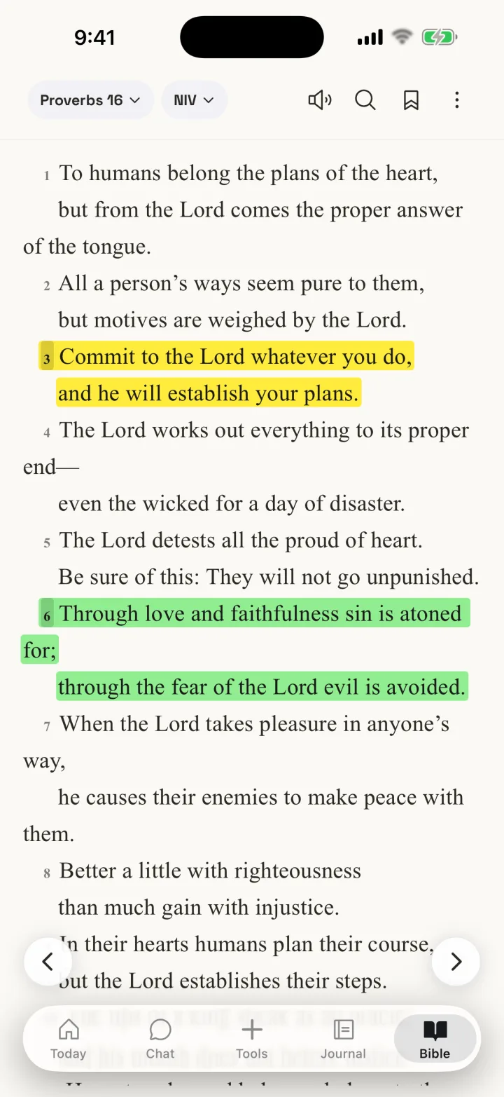 The Bible reader open to Proverbs 16 with highlights, connected to the YouVersion Bible App