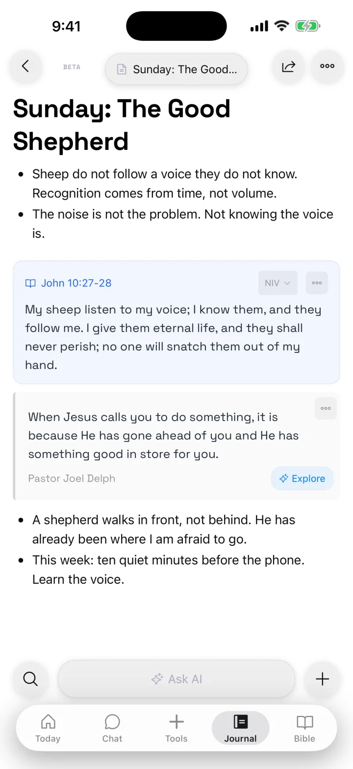 A sermon note titled Sunday: The Good Shepherd with a John 10:27-28 Scripture block pulled in